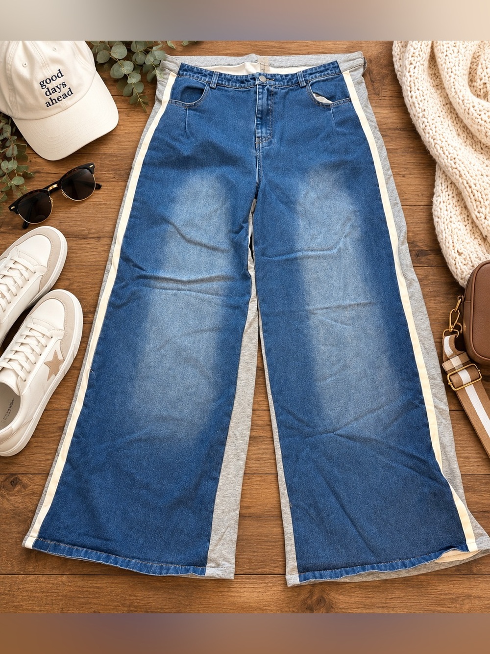 Like Love 2X Two Tone Wide Leg Jeans Blue Gray Contrast Stripe Plus Size